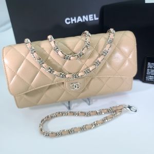 SOLD *Chanel * Beige Caviar * Classic Flap Wallet with attachable leather chain